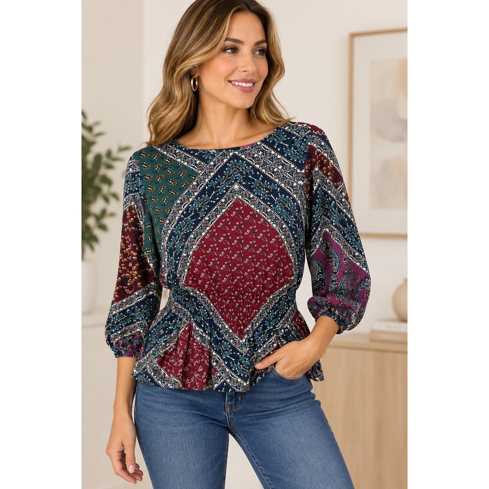 Melissa Paige Petite Patchwork Paisley Smocked Peplum Blouse 3/4 Sleeve Top PS